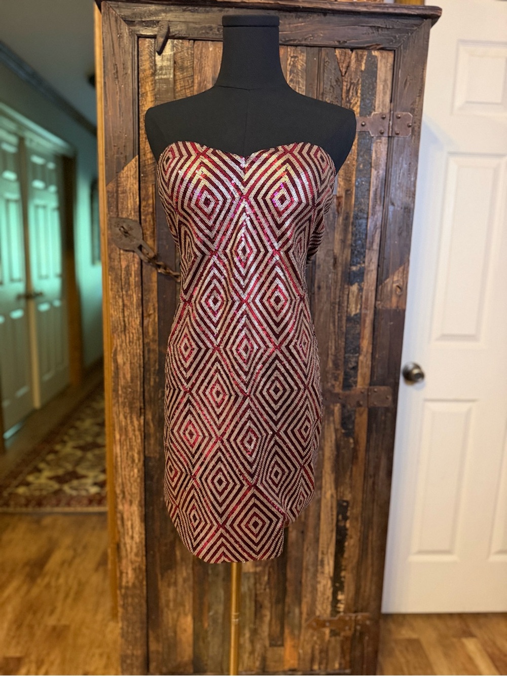 Burgundy Gold Sequin Strapless Mini Dress M/L Geometric Cocktail Party Prom